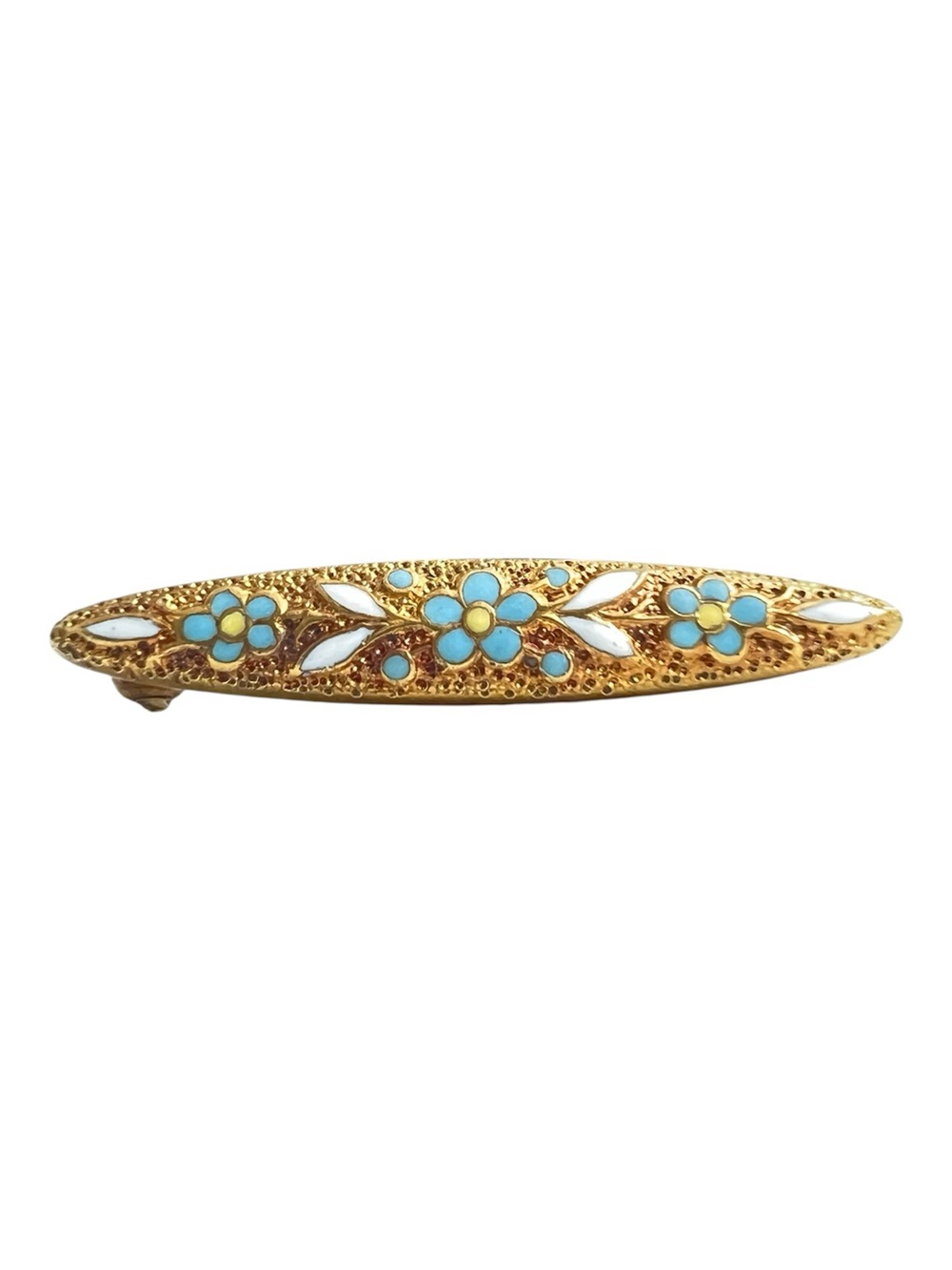 Antique 14K Gold Chased Enamel Forget Me Not Floral Bar Pin Brooch Victorian